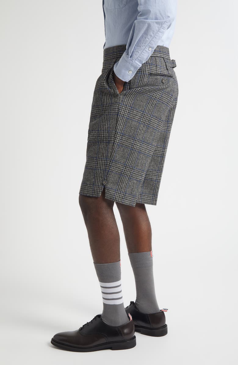 Thom Browne Prince of Wales Plaid Hunting Tweed Backstrap Shorts, Alternate, color, Medium Grey