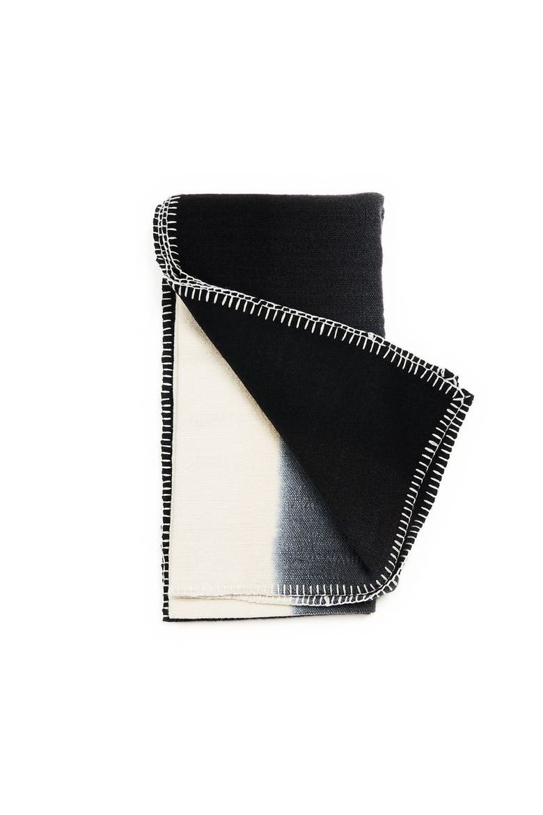 Ink Black White Ombre Textured Throw In Hand Spun Merino And Hand Stitched Hem, Main, color, Black