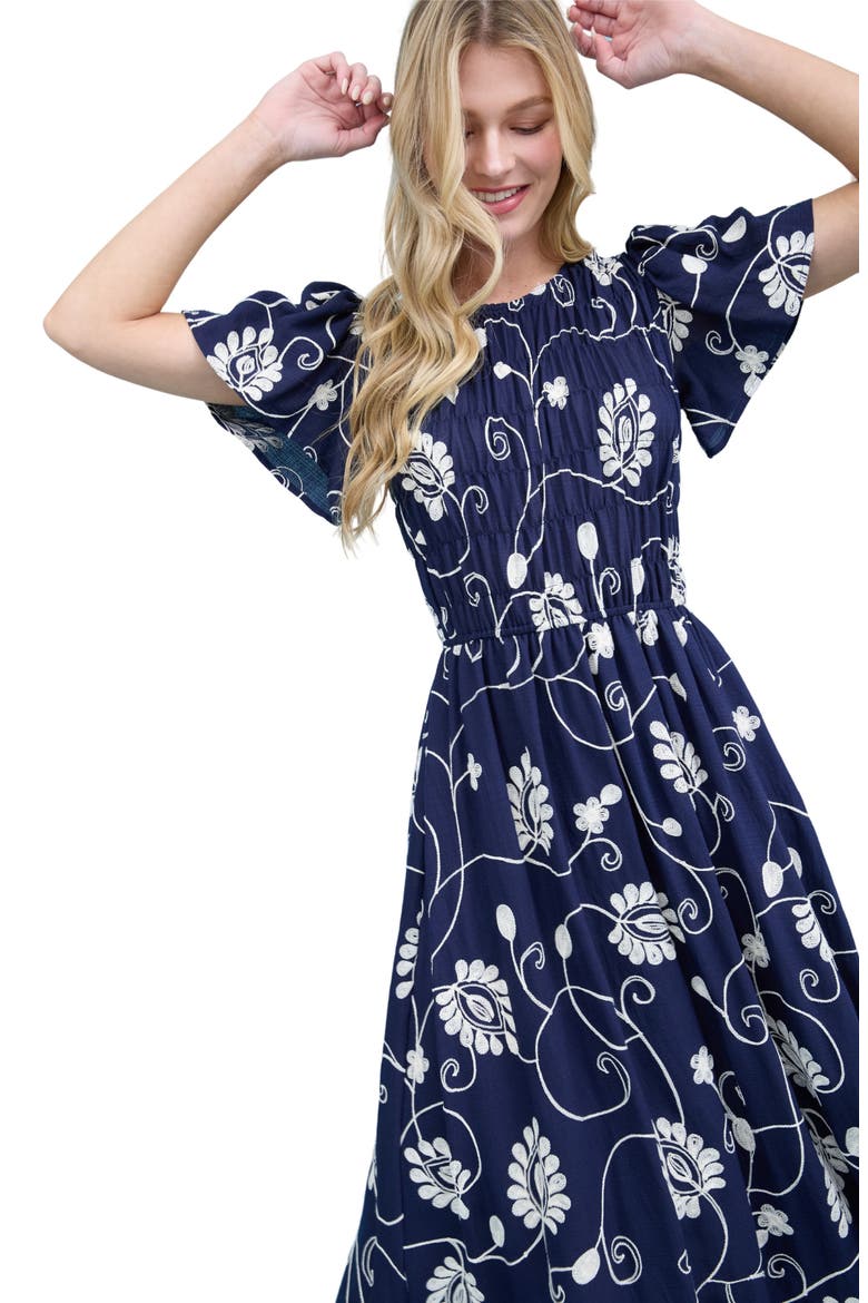 Embroidered Smocked Short Sleeve Maxi Dress, Alternate, color, NAVY