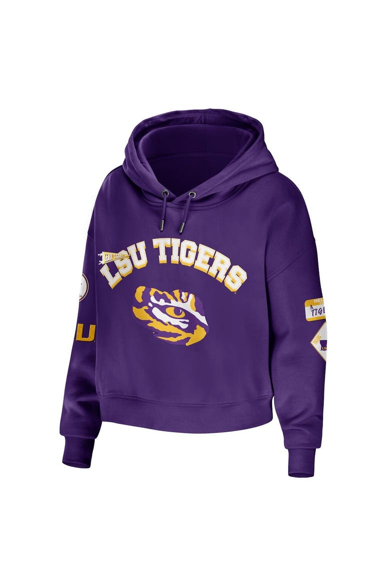 Women's WEAR by Erin Andrews Purple LSU Tigers Mixed Media Cropped Pullover Hoodie, Alternate, color, Purple