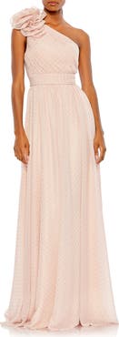 Mac Duggal Women's One Shoulder Polka Dot Chiffon Gown With Ruffle Detail