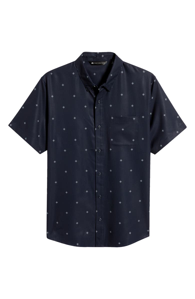 TravisMathew Olive Branch Geo Print Short Sleeve Button-Up Shirt, Main, color, 