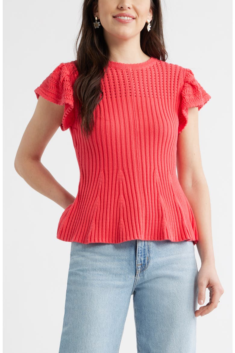 Flutter Sleeve Pima Cotton Sweater, Main, color, RED GERANIUM