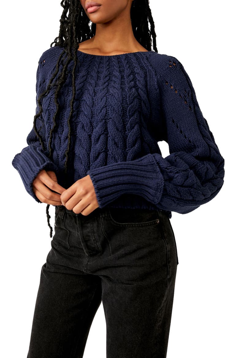 Sandre Cable Stitch Pullover Sweater, Main, color, NAVY