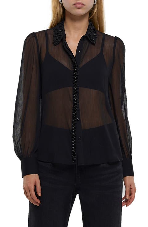 Embellished Floral Appliqué Chiffon Blouse