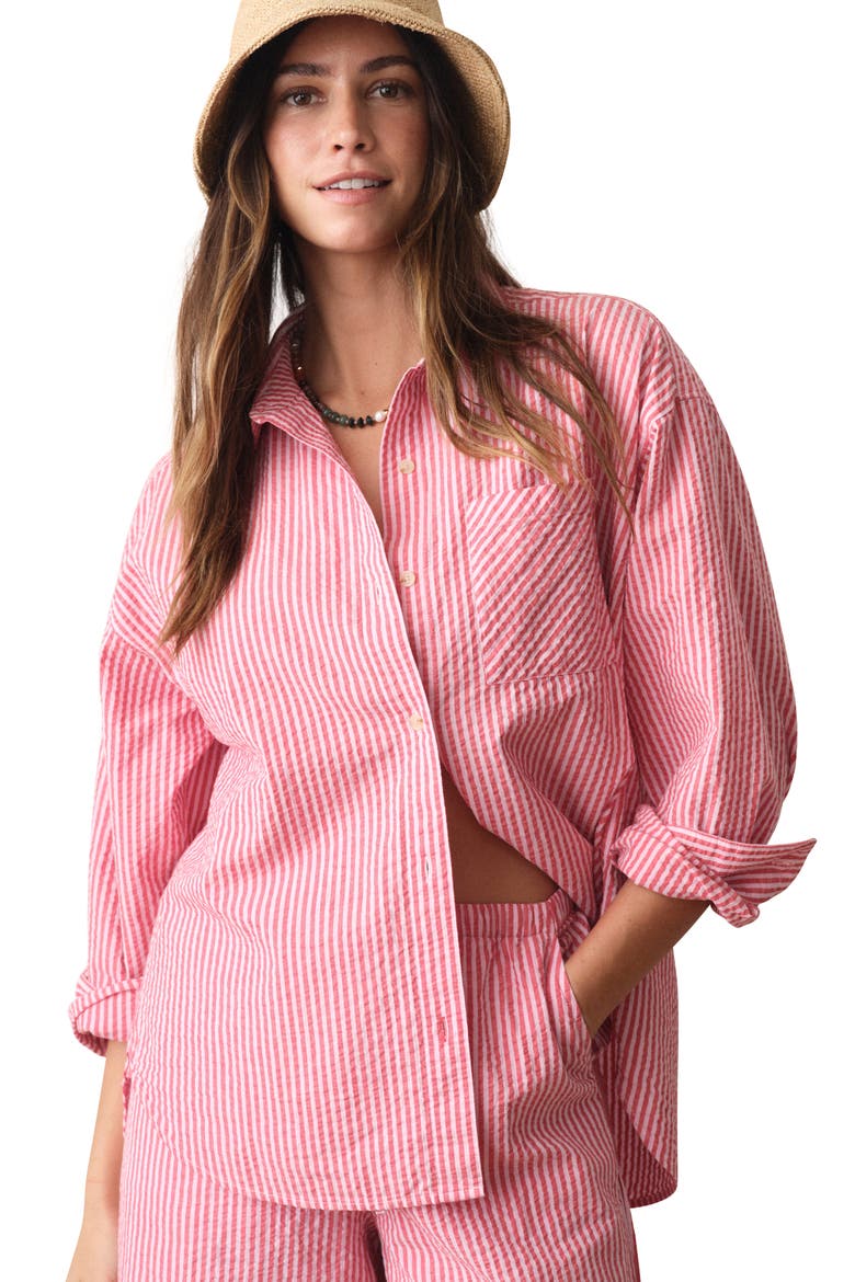Gracey Stripe Oversize Cotton & Kapok Seersucker Button-Up Shirt, Alternate, color, PINK STRIPE