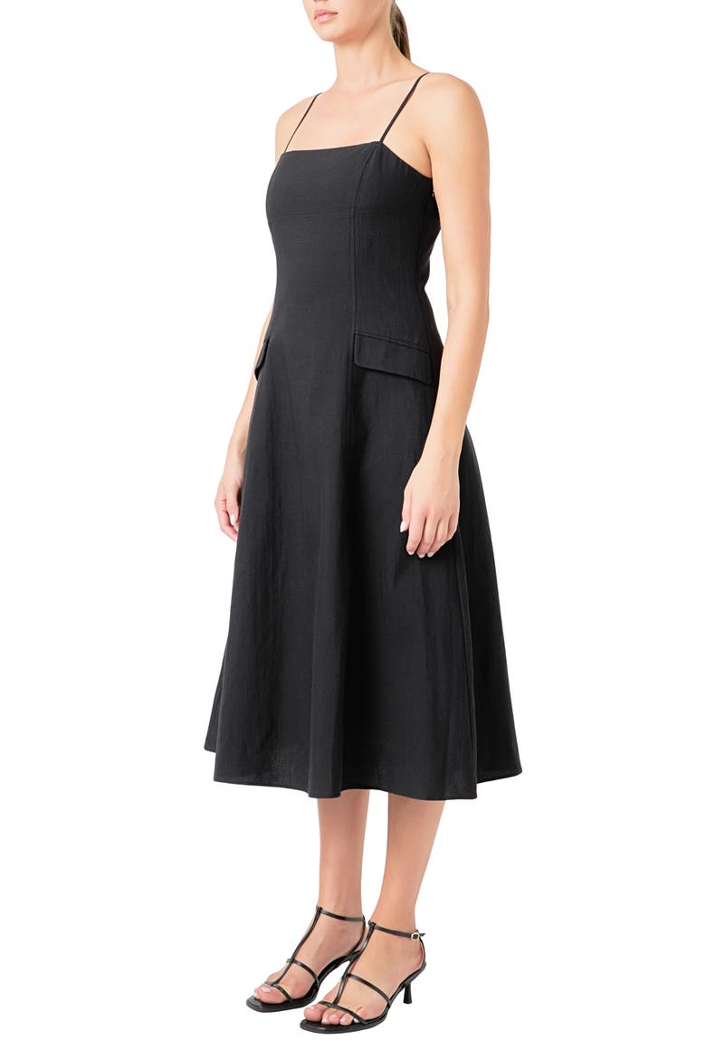 Cotton & Linen Blend Midi Dress, Alternate, color, BLACK