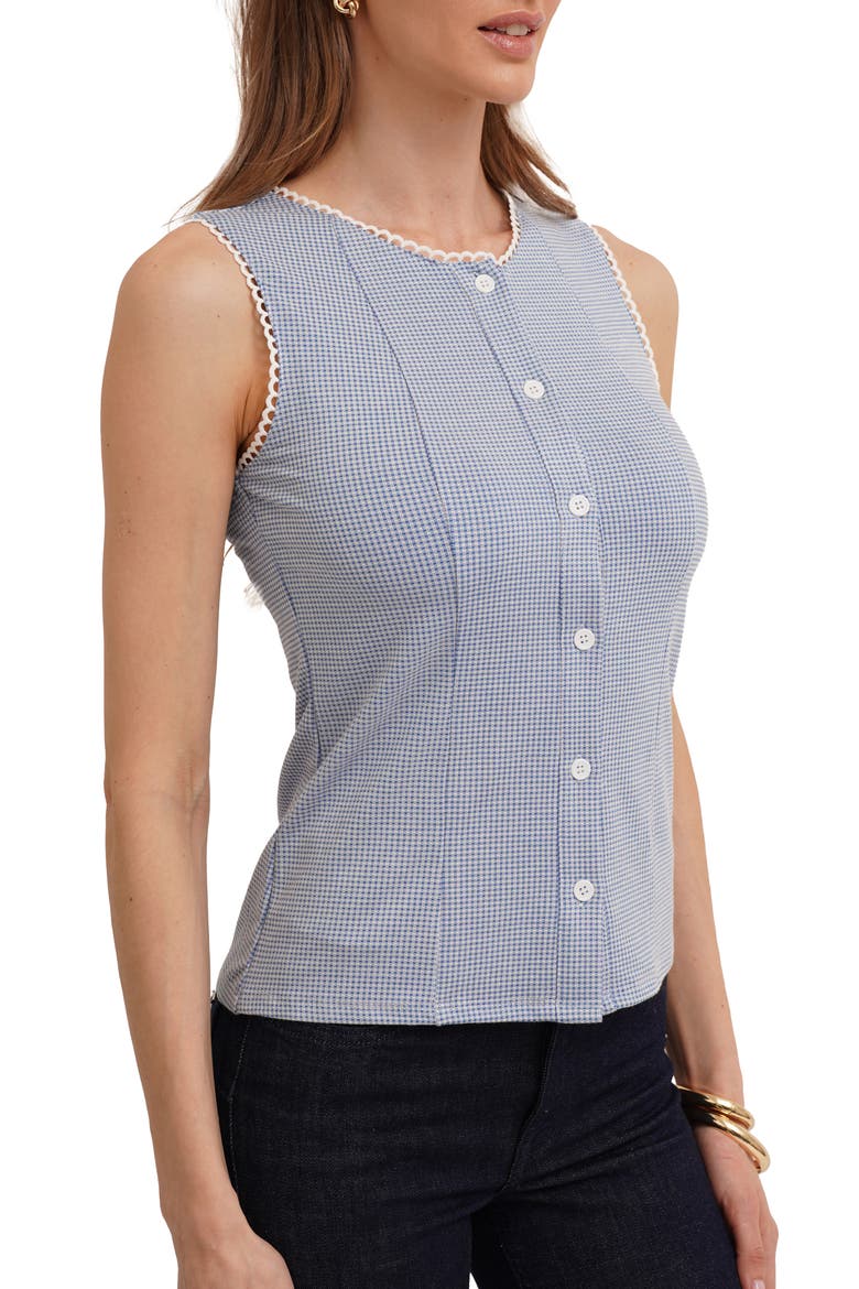 Picot Trim Sleeveless Houndstooth Top, Alternate, color, BLUE