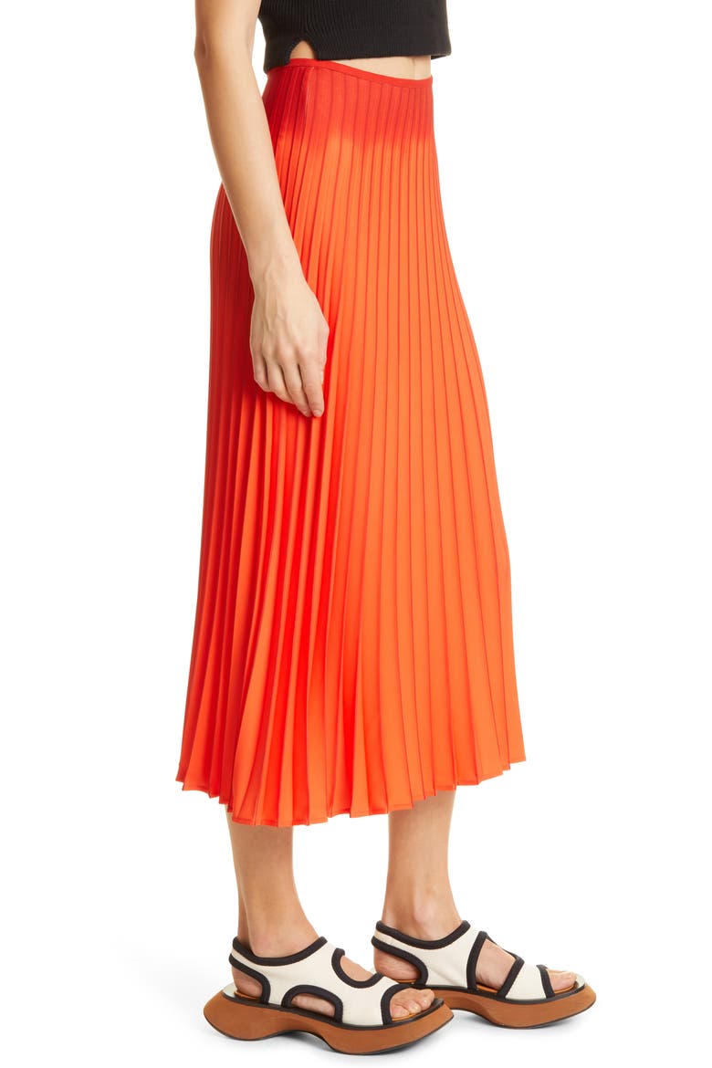 Crepe Pleated Midi Skirt, Alternate, color, BRIGHT ORANGE/ BLACK