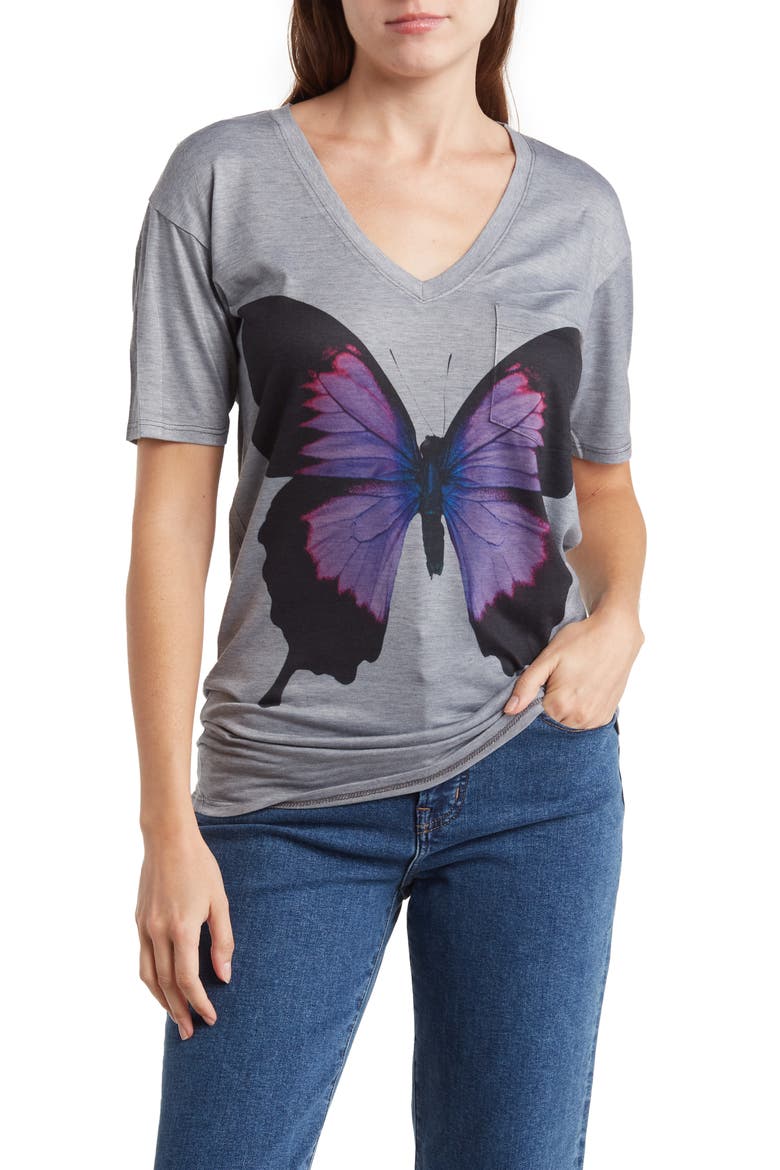 Deep V-Neck Art Print T-Shirt, Main, color, GREY BUTTERFLY