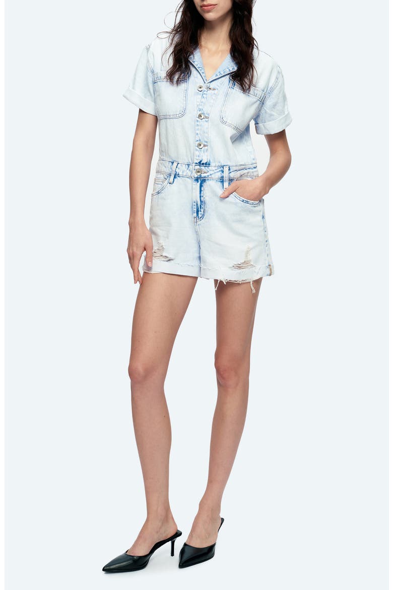 Grace Distressed Denim Romper, Main, color, LIGHT SKY