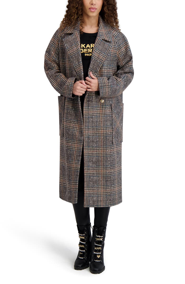 KARL LAGERFELD PARIS Longline Wool Blend Coat, Alternate, color, Plaid Multi