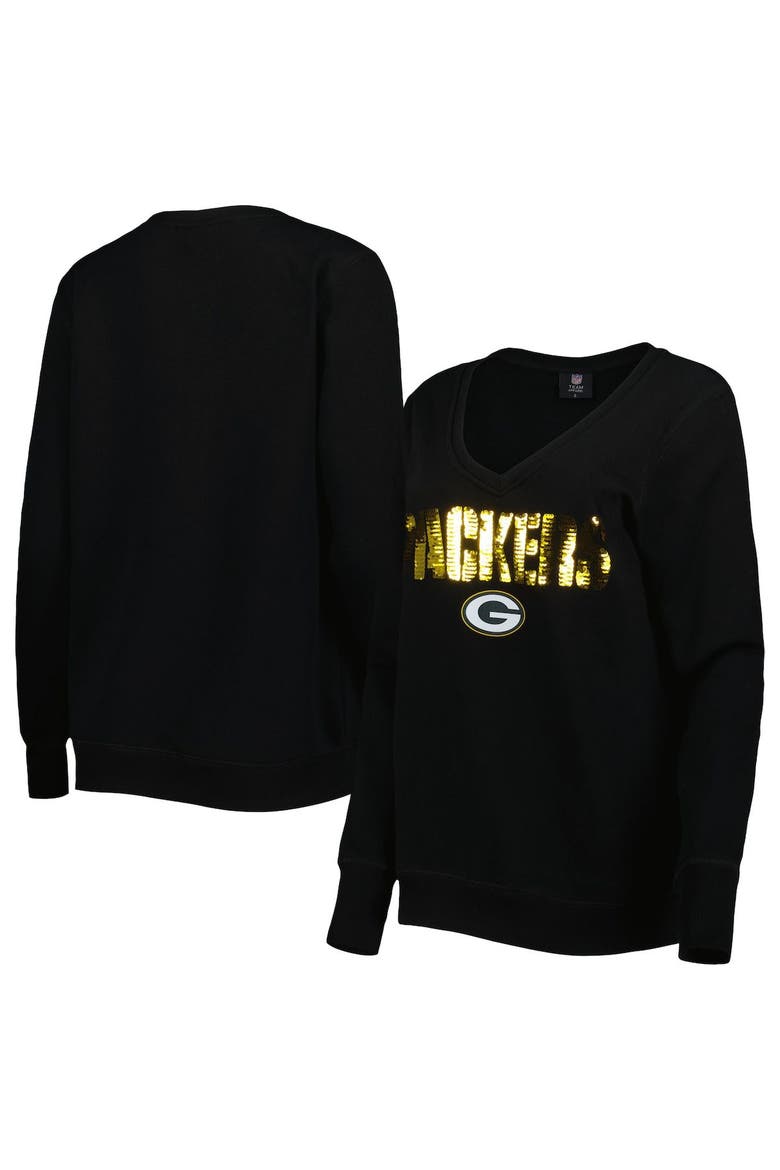 Women's Cuce Black Green Bay Packers Sequin Logo V-Neck Pullover Sweatshirt, Main, color, Black