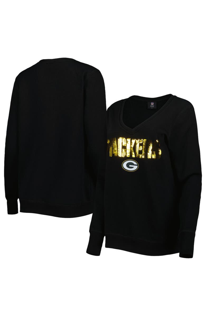 CUCE Women's Cuce Black Green Bay Packers Sequin Logo V-Neck Pullover Sweatshirt, Main, color, 