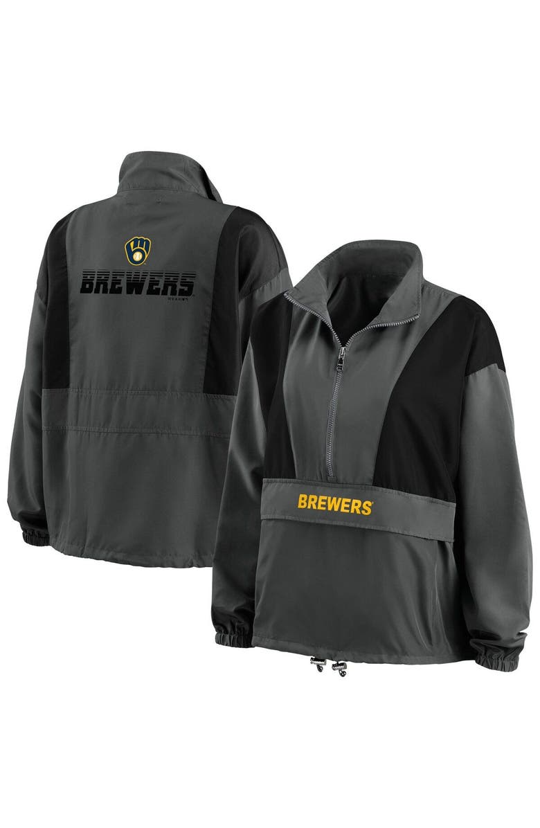 WEAR by Erin Andrews Women's WEAR by Erin Andrews Charcoal Milwaukee Brewers Packable Half-Zip Jacket, Main, color, Charcoal