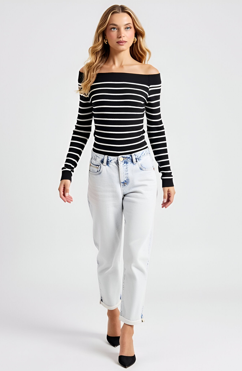 Modenaire Striped Off-the-Shoulder Knit Long-Sleeve Fitted Top, Alternate, color, Black / White Stripes