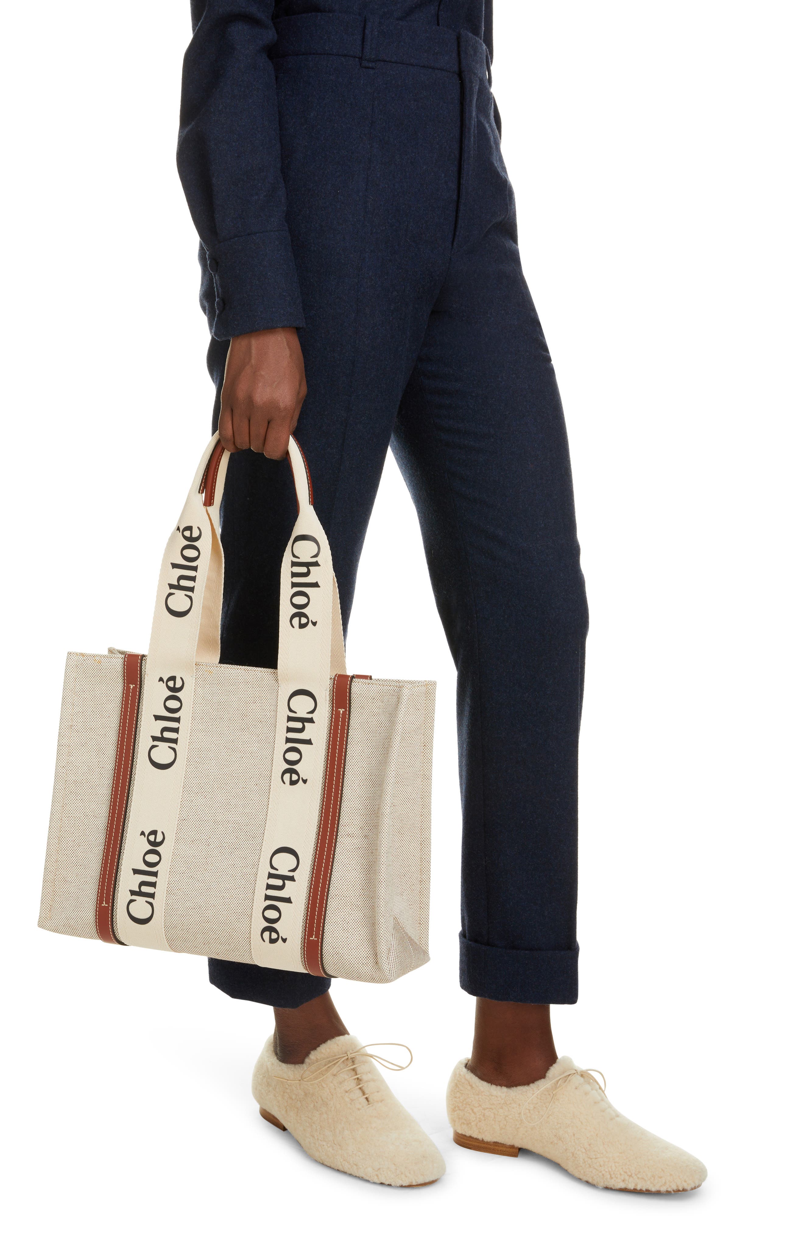 Medium Woody Logo Strap Canvas Tote, Alternate, color, WHITE - BROWN 1