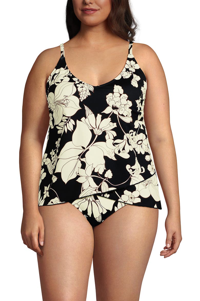 DDD-Cup Tulip Hem Tankini Top, Main, color, Black/Egret Lilies