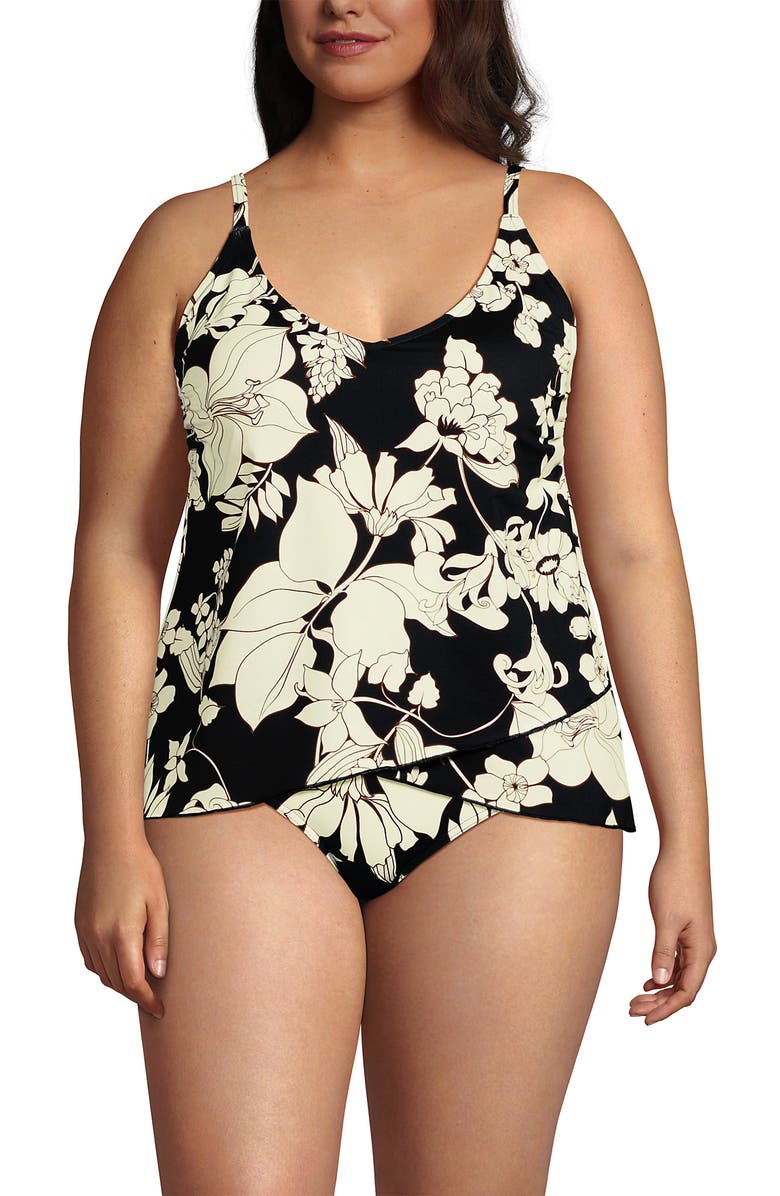 Lands' End Plus Size DD-Cup Chlorine Resistant V-Neck Tulip Hem Tankini Swimsuit Top, Main, color, Black/Egret Lilies
