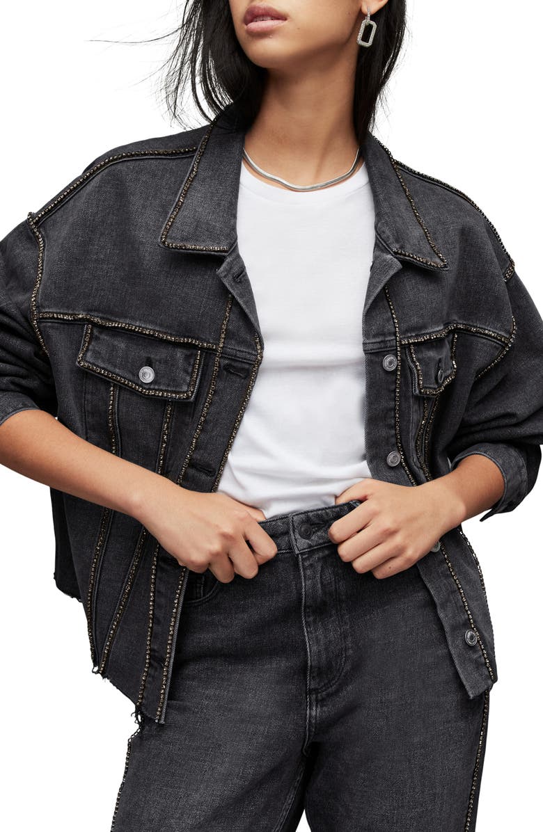 AllSaints Piper Diamante Embellished Denim Jacket, Alternate, color,