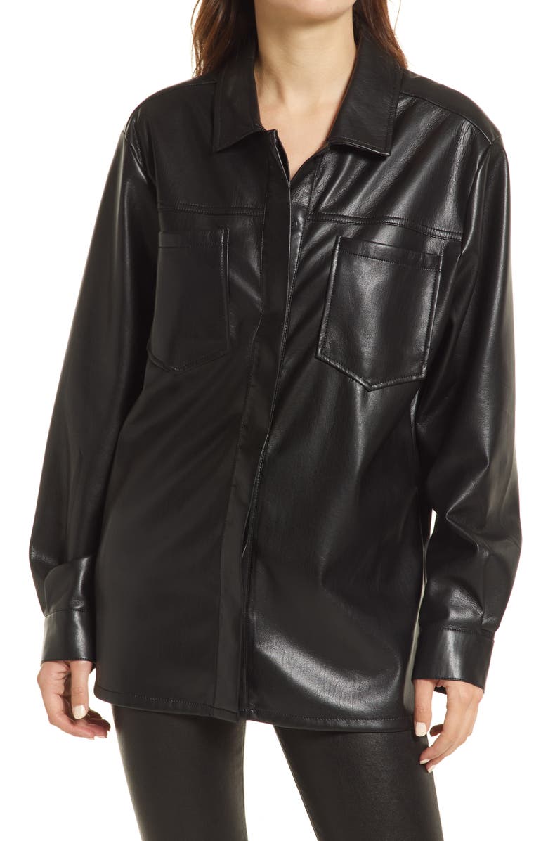 Good American Faux Leather Split Back Button-Up Shirt, Alternate, color,
