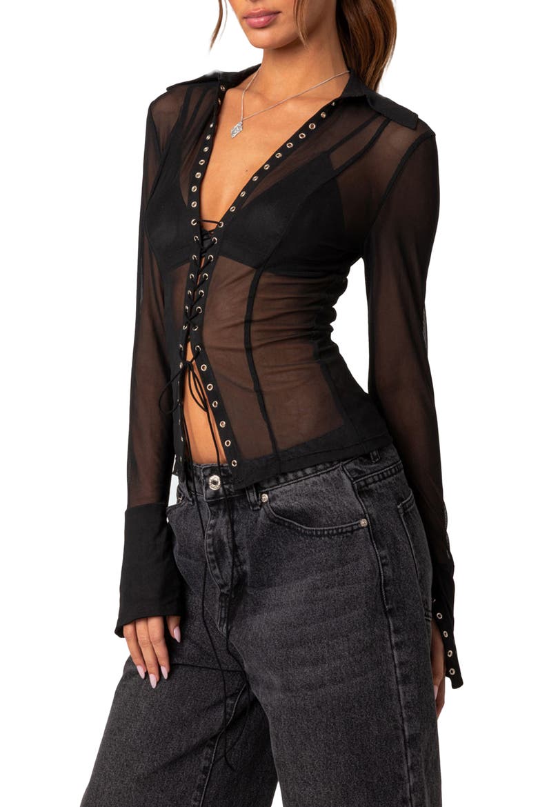 Lace-Up Sheer Mesh Top, Alternate, color, BLACK