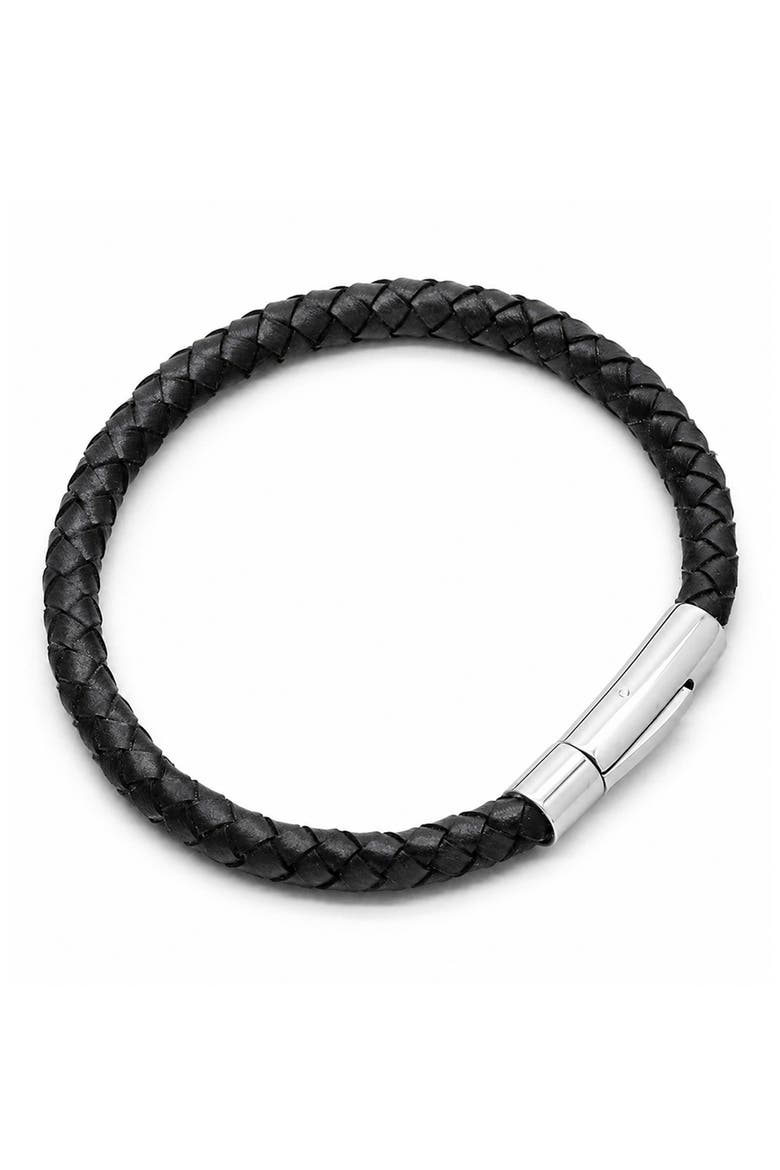 Stainless Steel Charm & Braided Leather Bracelet, Main, color, BLACK