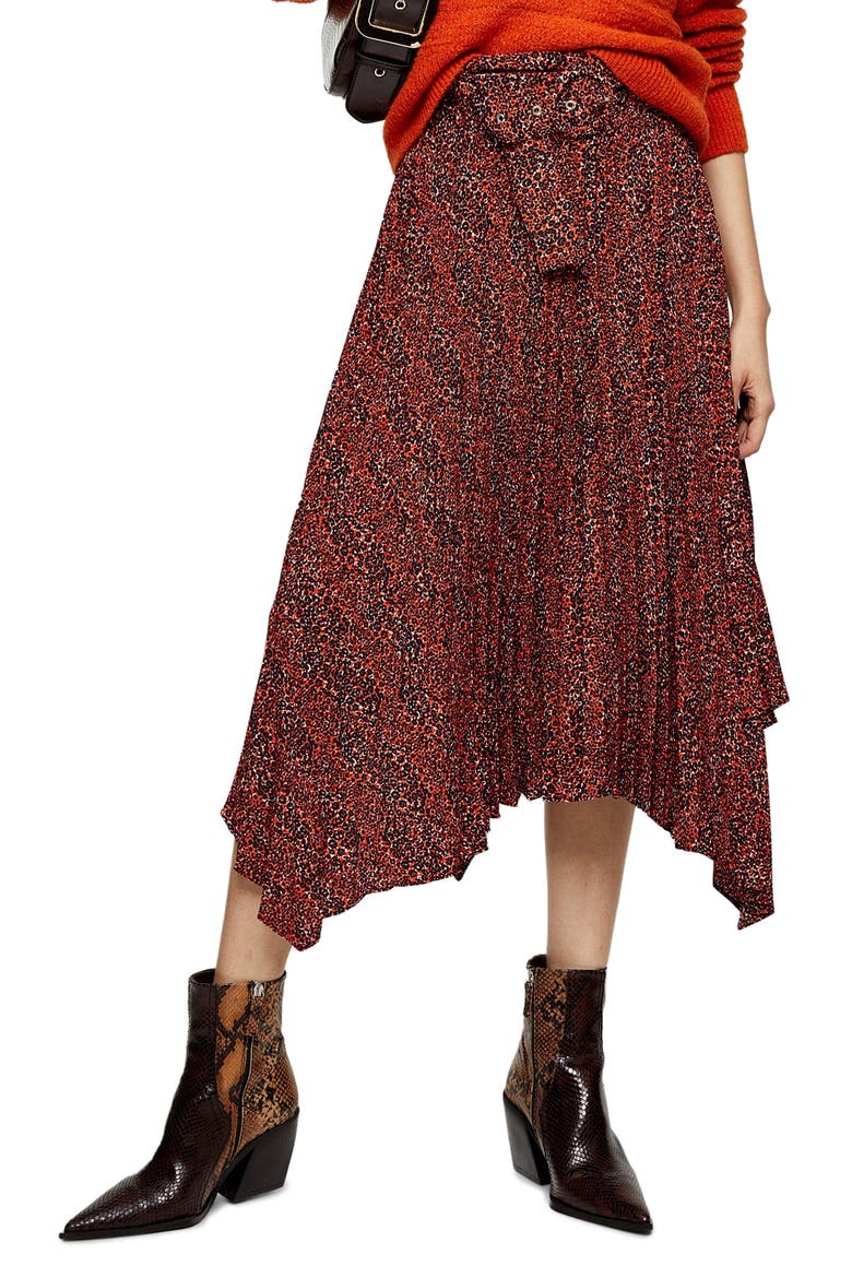 Tiny Leopard Pleated Belted Midi Skirt, Main, color, RED MULTI