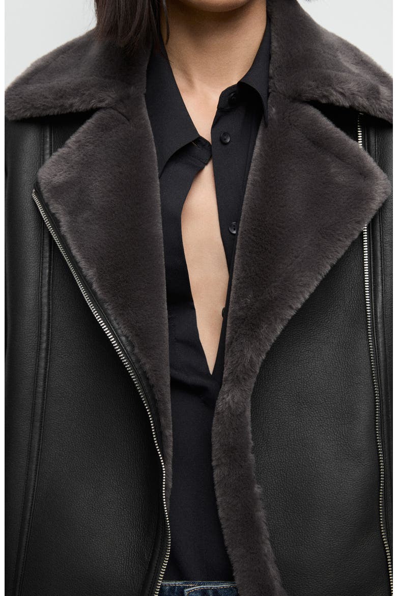 Faux Fur Collar Faux Leather Biker Jacket, Alternate, color, BLACK