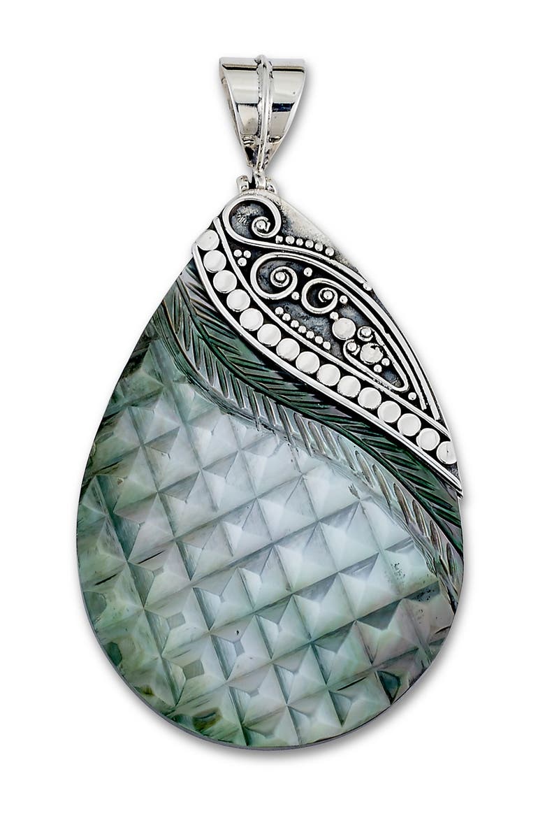 Sterling Silver Pear Shape Carved Gray Mother of Pearl Pendant, Main, color, GREY
