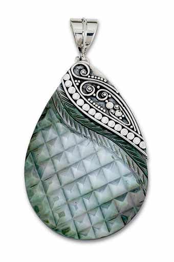Sterling Silver Pear Shape Carved Gray Mother of Pearl Pendant