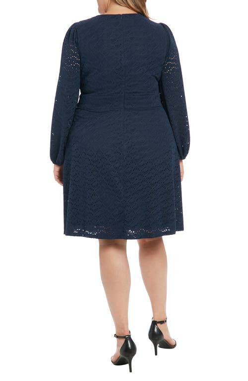 London Times Eyelet Keyhole Long Sleeve A-line Dress In Navy