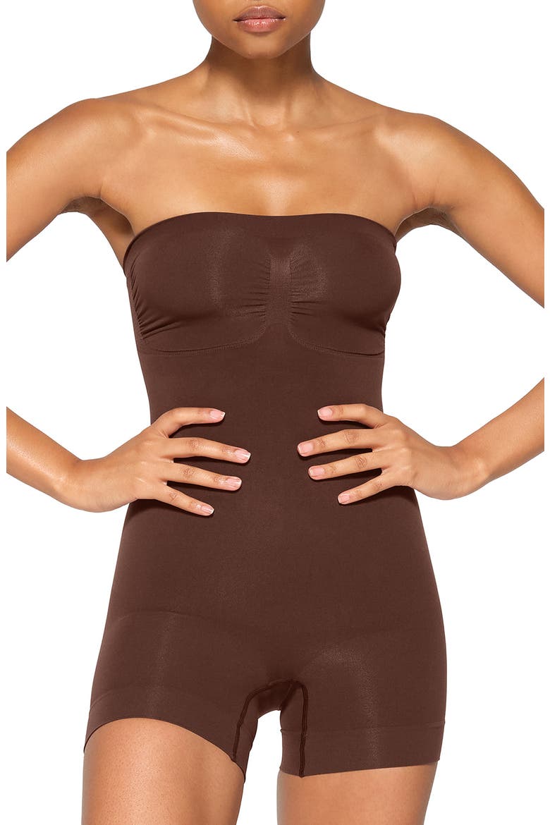 Seamless Sculpt Strapless Shortie Bodysuit, Main, color, COCOA