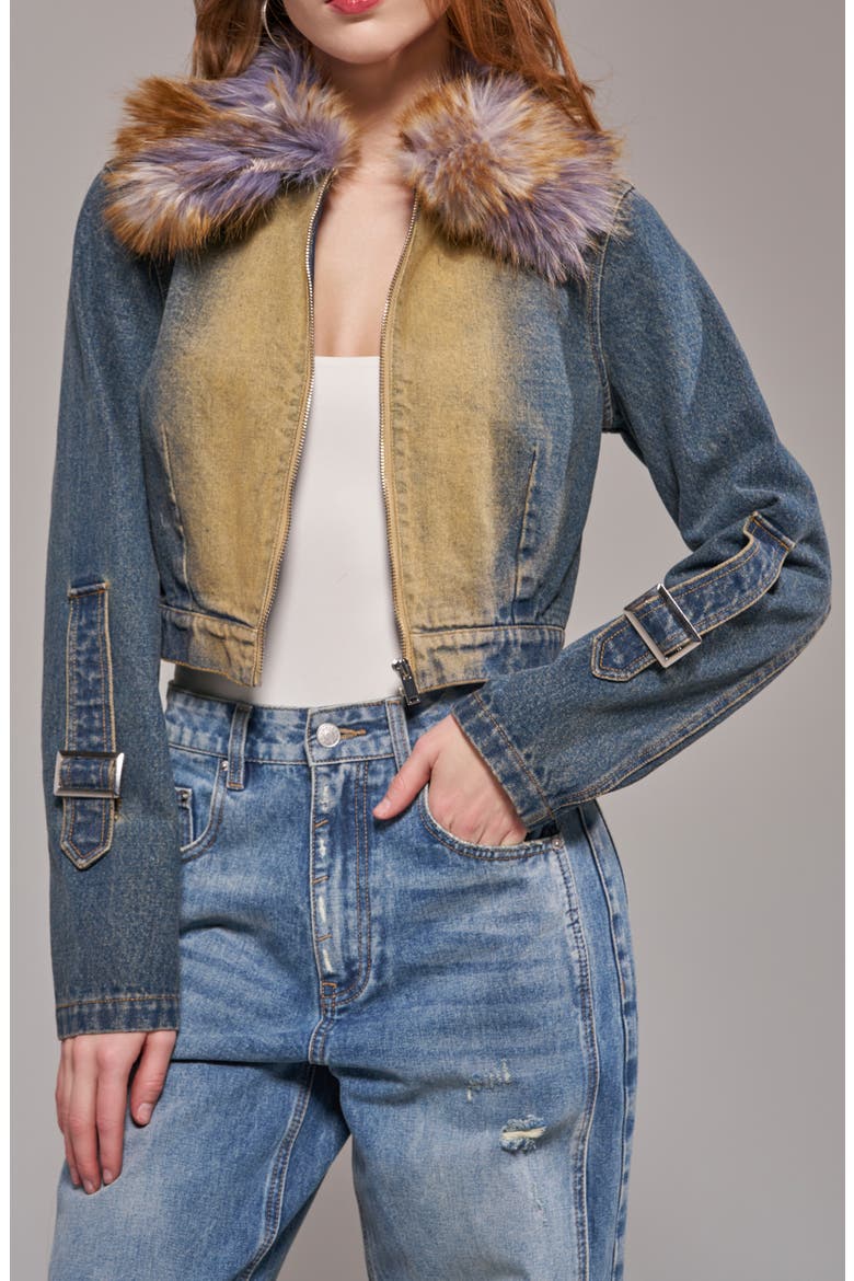 Coralyn Denim Jacket with Faux Fur Collar, Alternate, color, DENIM MULTI