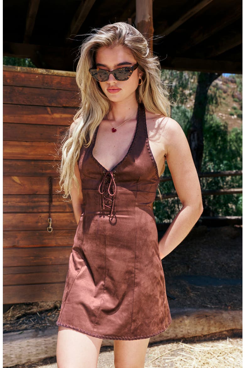 Lace Up Halter Minidress, Alternate, color, SADDLE