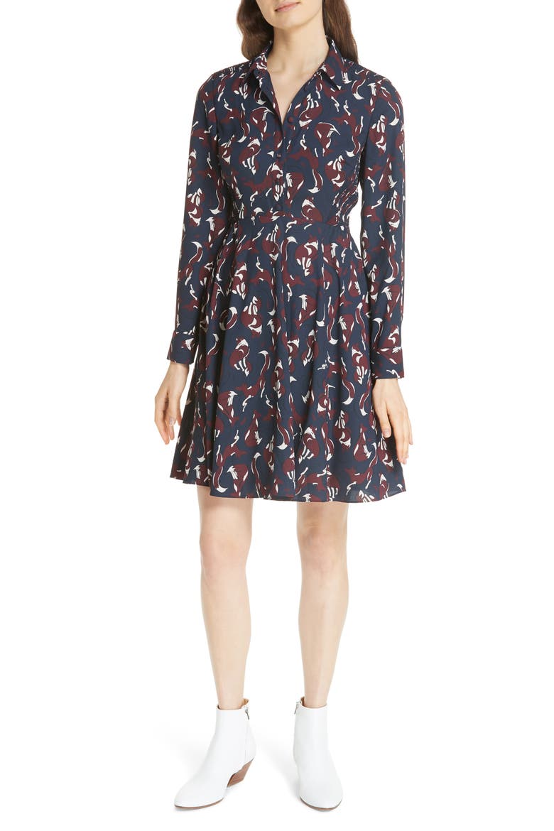 kate spade new york foxes smocked shirtdress, Main, color, VOYAGE BLUE