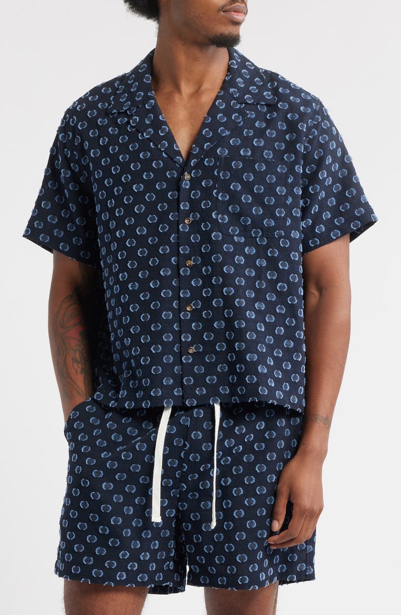 RIZORT Jame Dot Print Cotton & Linen Camp Shirt, Main, color, Navy