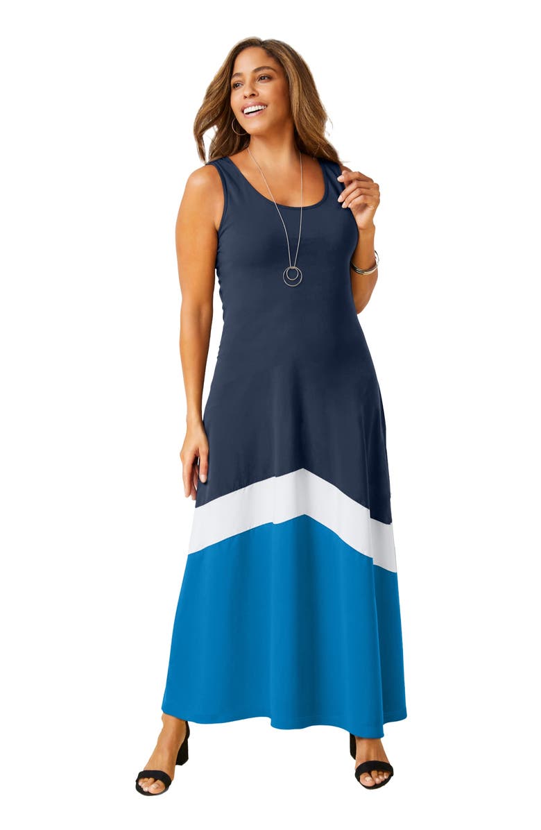 Jessica London Stretch Knit Tank Maxi Dress, Main, color, Navy White Pool Blue