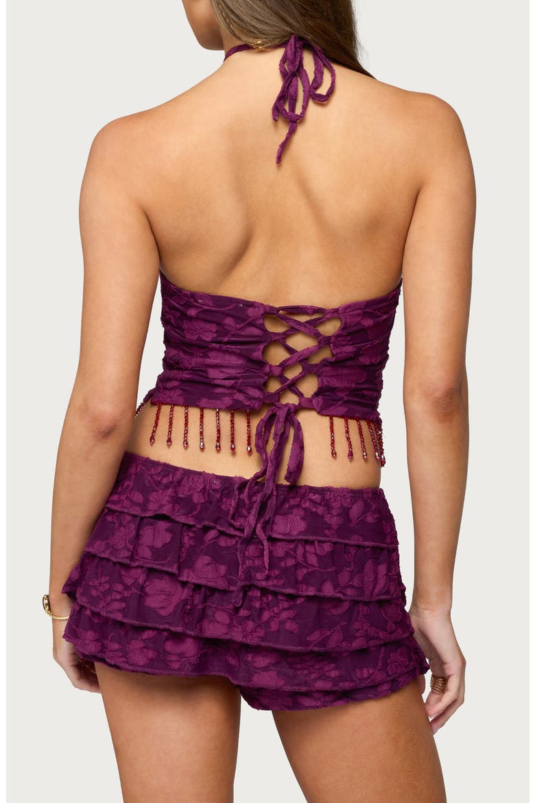 Keyla Floral Jacquard Beaded Fringe Halter Top, Alternate, color, PLUM