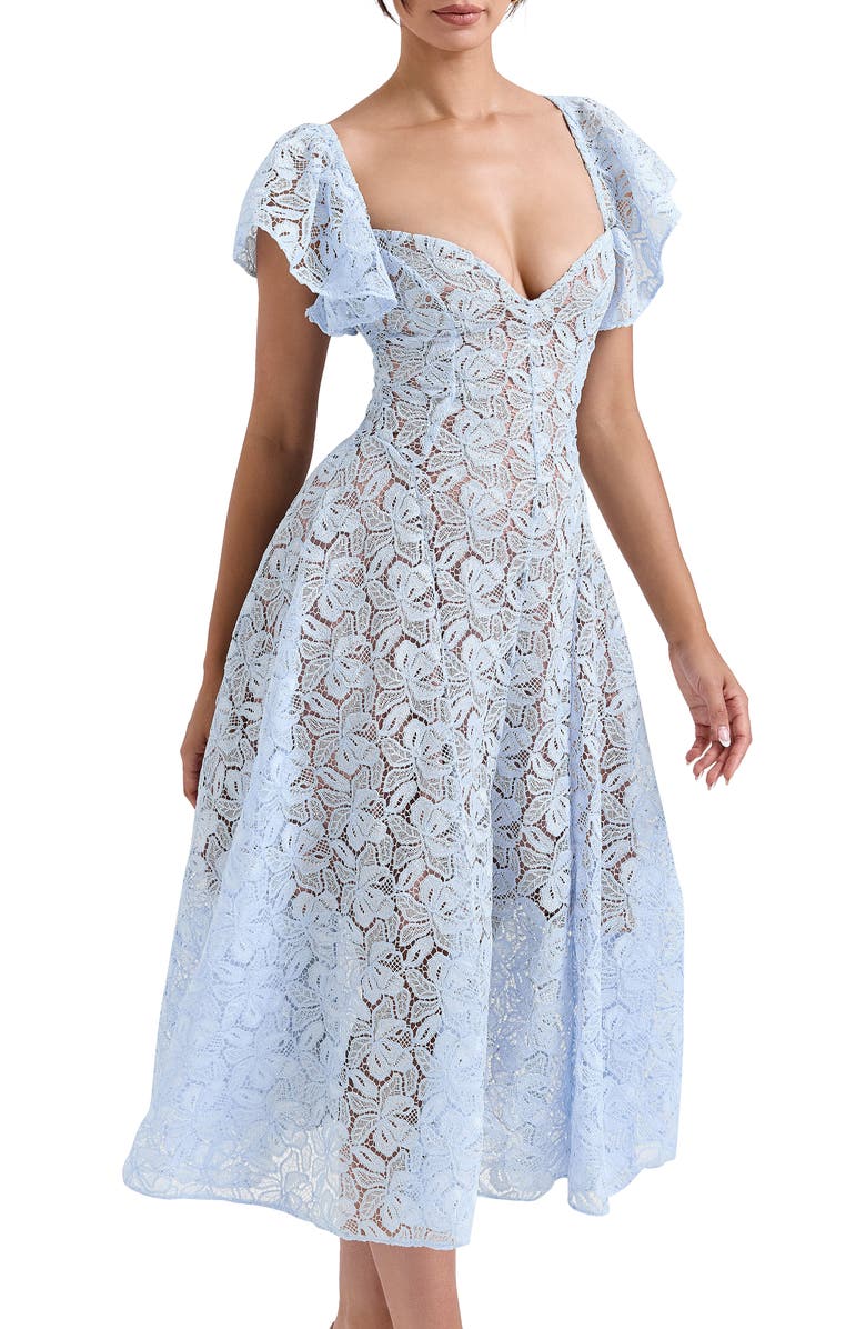 HOUSE OF CB Austen Lace Flutter Sleeves Midi Dress, Alternate, color, Ice Water