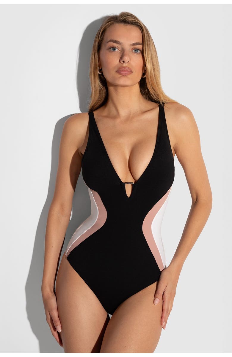 TA3 Mega Sculpting Plunge Neck Triangle Detail One-Piece Swimsuit, Alternate, color,