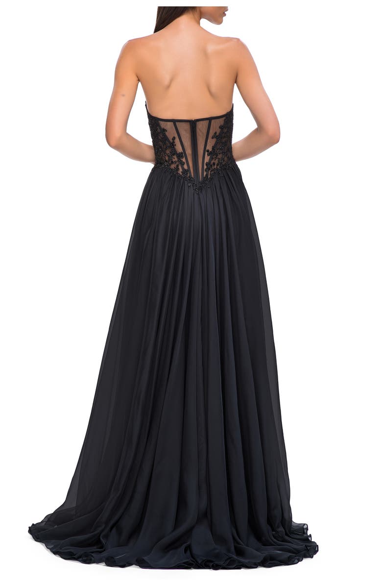 La Femme Chiffon Gown with High Slit and Strapless Lace Top, Alternate, color, Black
