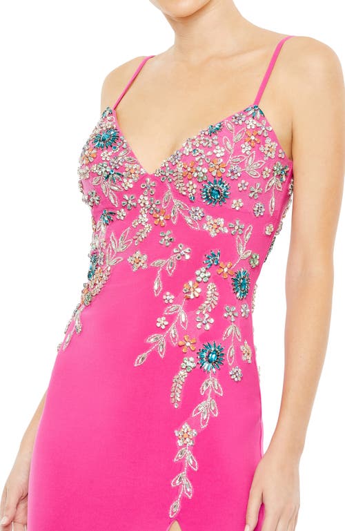 Mac Duggal Multi Color Beaded Floral Cami Gown In Candy Pink
