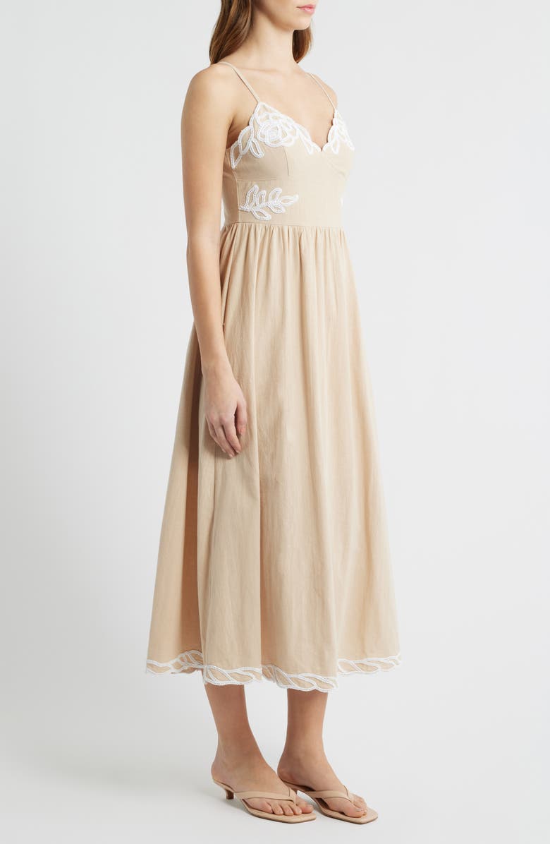 MOON RIVER Embroidered V-Neck Midi Dress, Alternate, color, Taupe
