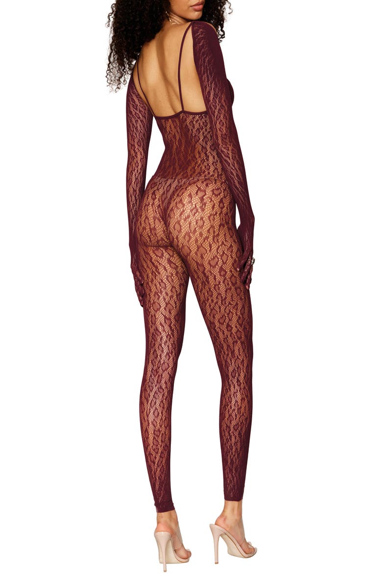Dreamgirl Sheer Jacquard Catsuit & Shrug Set, Alternate, color, Burgundy