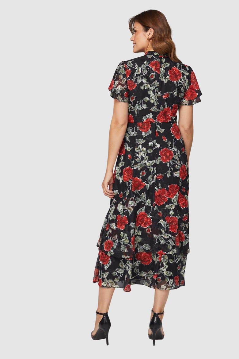 Floral Burn Out Ruffle Midi Dress, Alternate, color, Black
