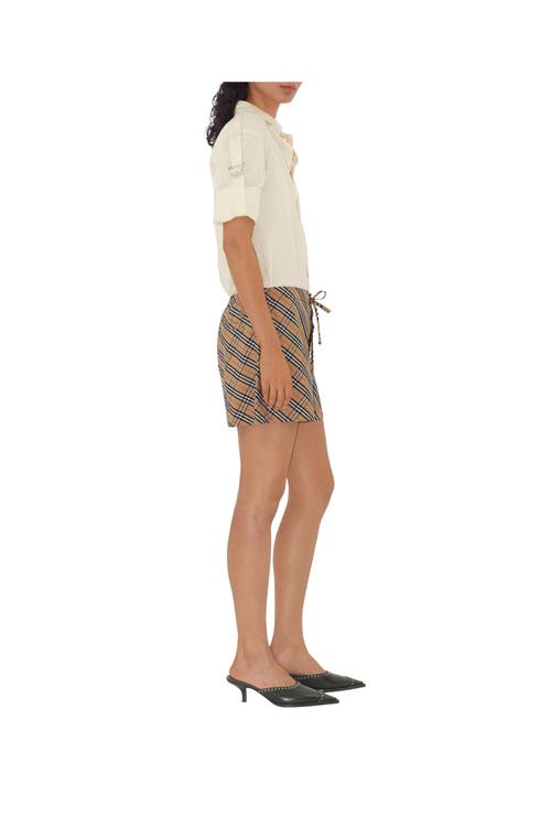 Burberry Women Beige Shorts With Elastic Drawstring Waist And All-over Check Motif In Cotton Woman In Multi