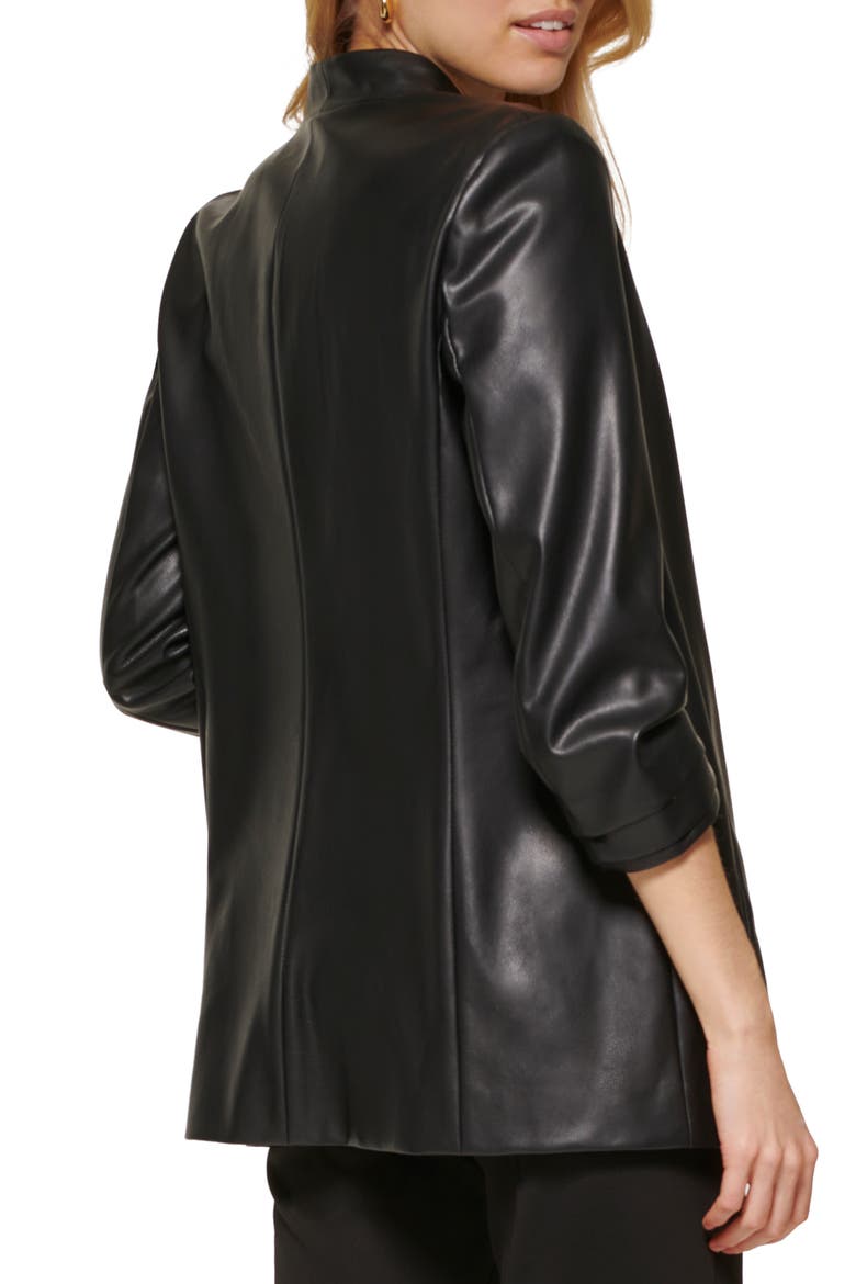 Ruched Sleeve Faux Leather Blazer, Alternate, color, BLACK