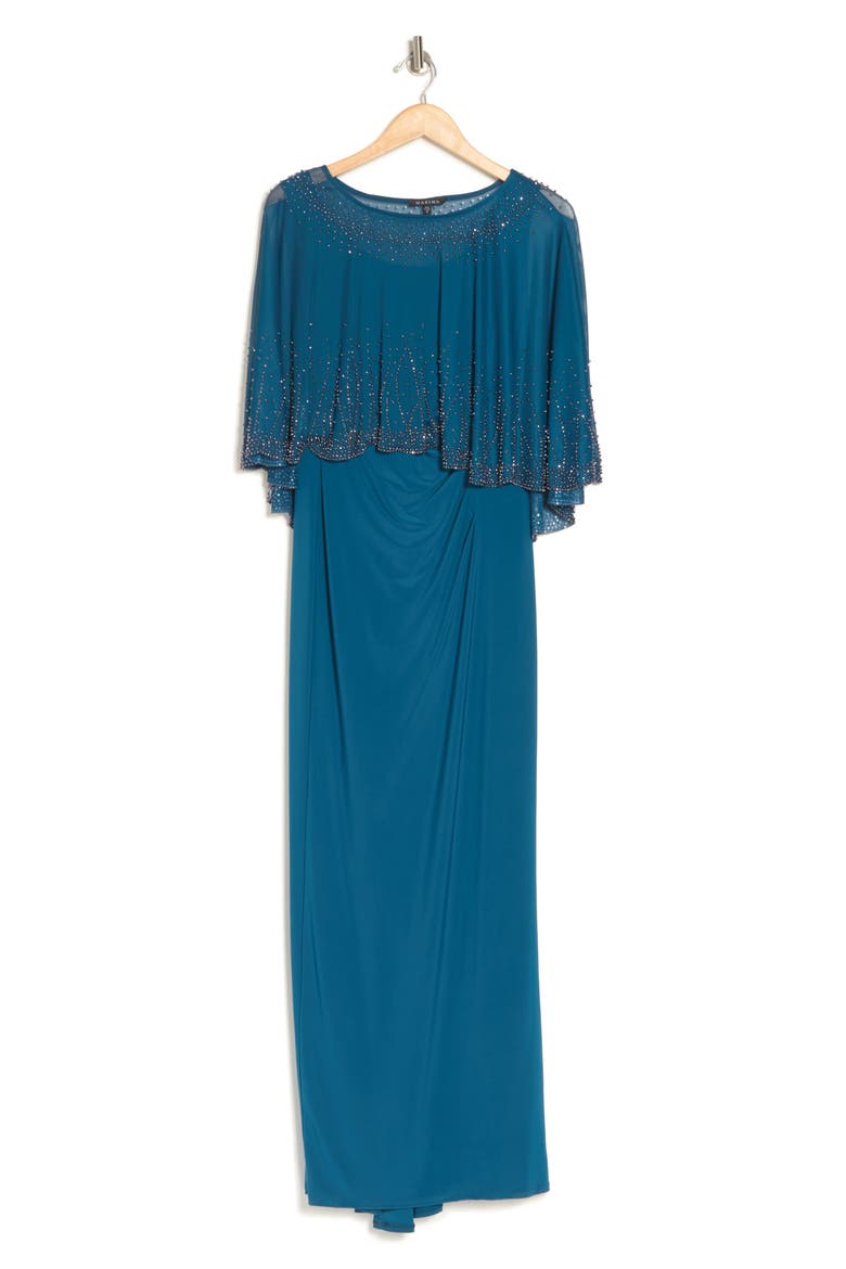 Beaded Capelet Gown, Alternate, color, PEACOK