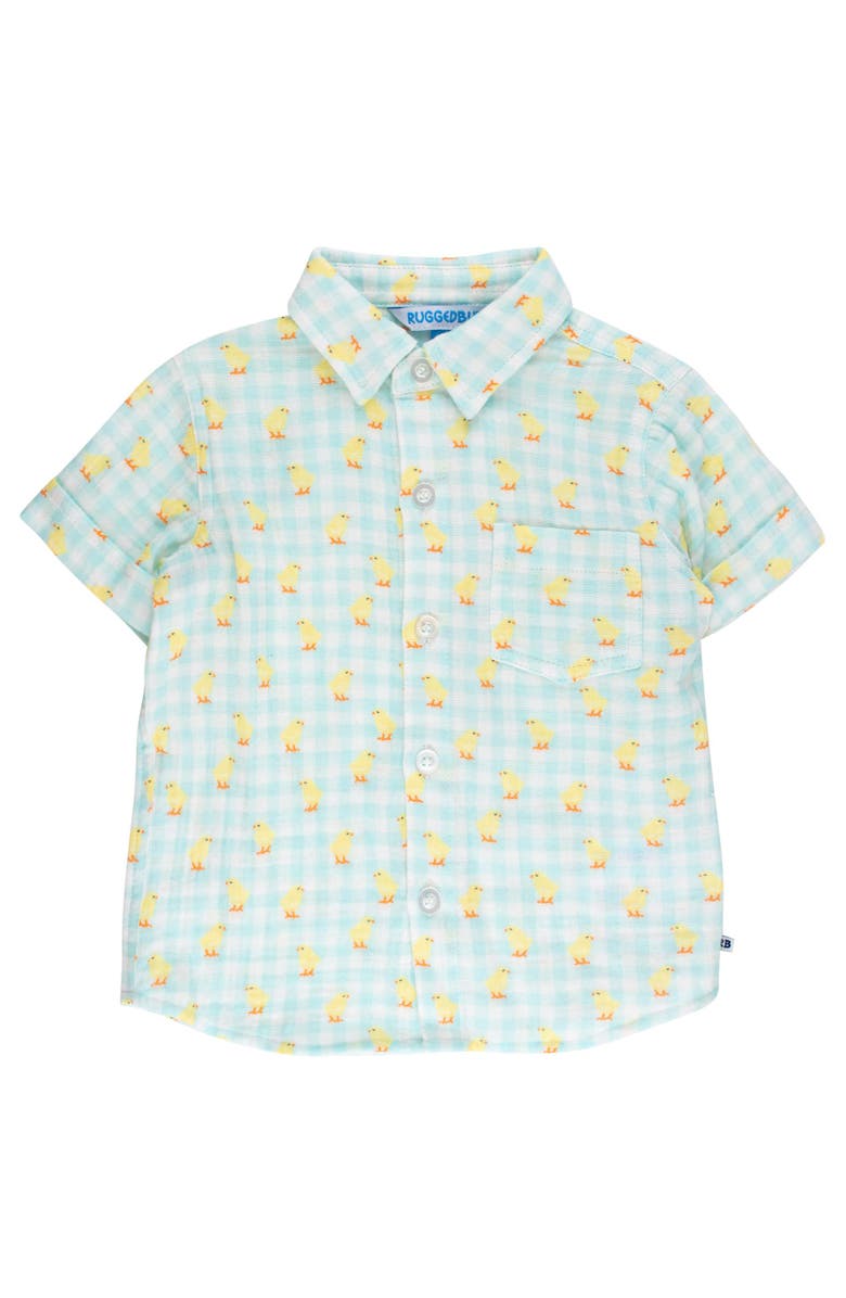 RuggedButts Cotton Gauze Short Sleeve Button Down Shirt, Main, color, Chirping Chicks Gingham